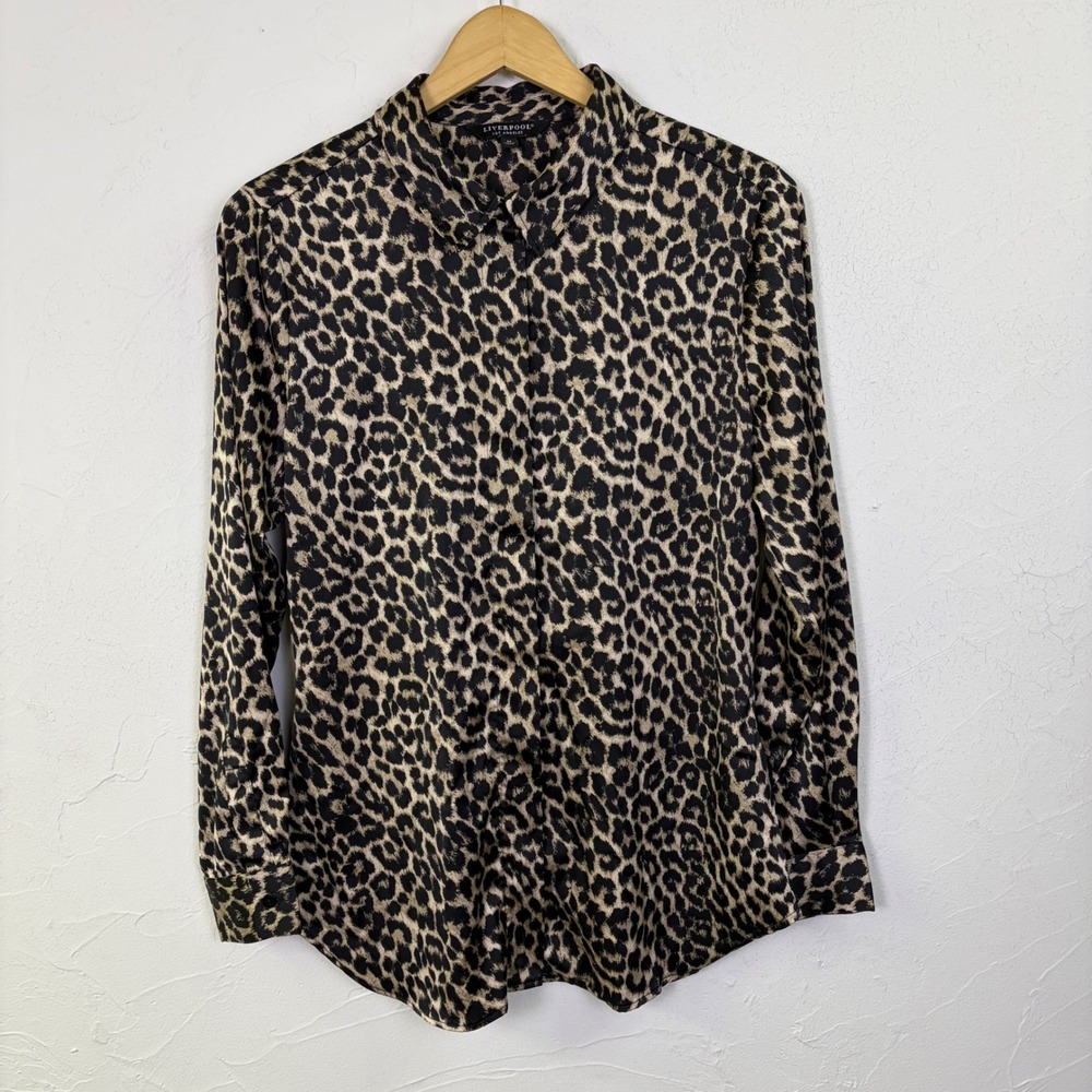 Liverpool Leopard Print Button Down Shirt Women Medium Animal Print Satin Feel